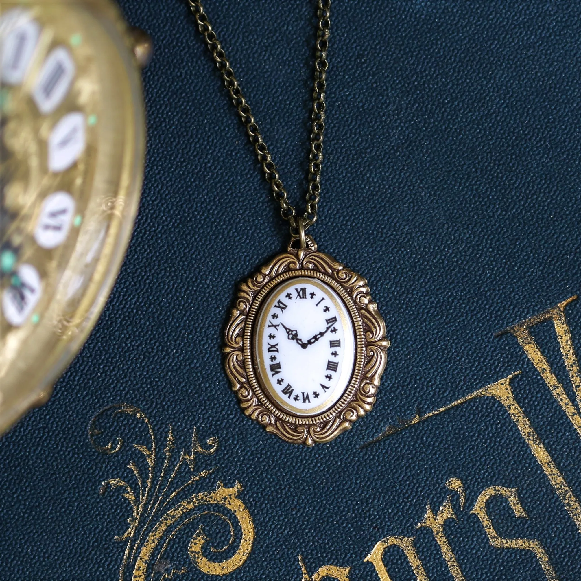 Vintage Style Clock Face Cameo Necklace in Antiqued Silver or Brass