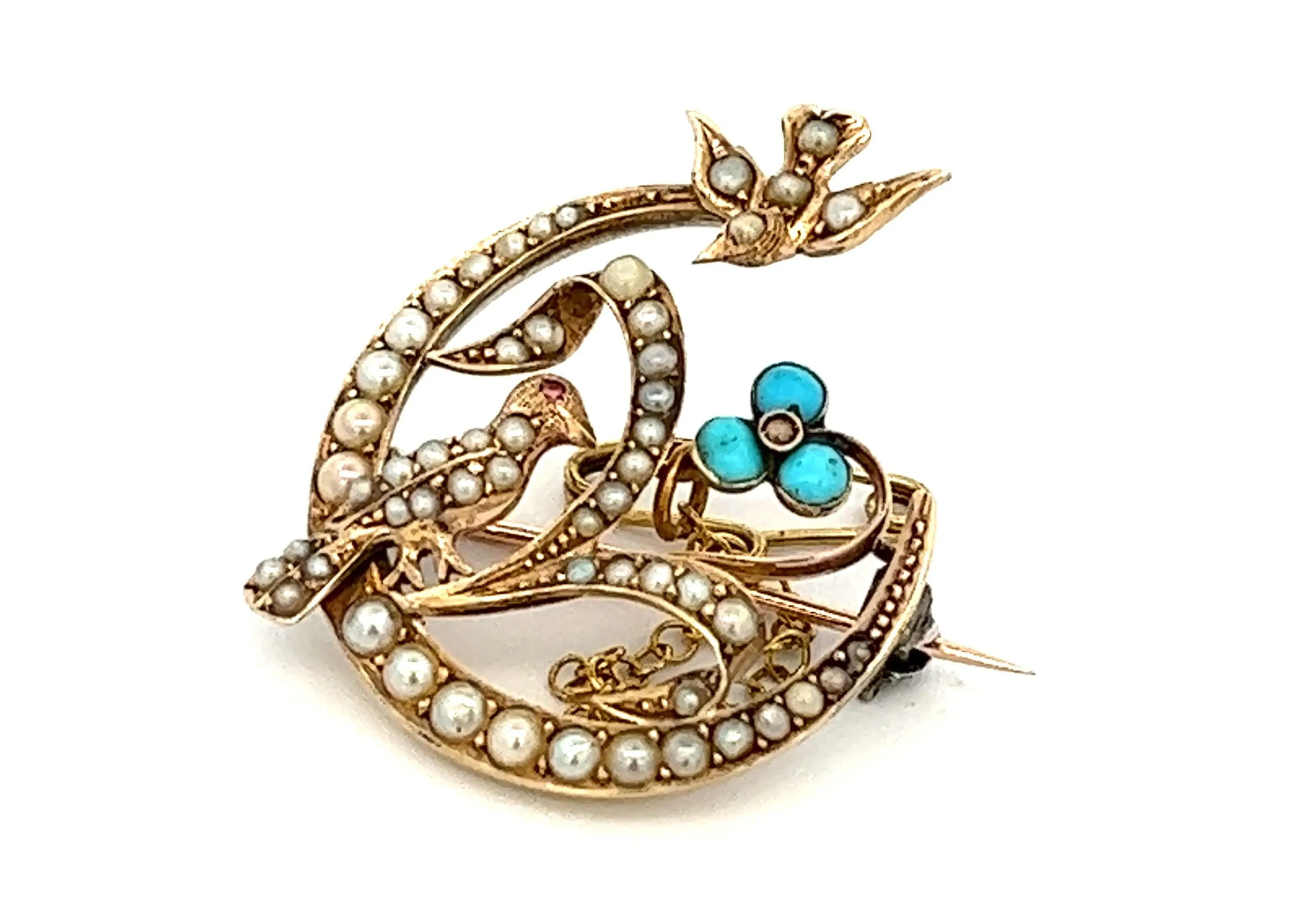 Vintage Turquoise & Seed Pearl 9ct Yellow Gold Bird & Flower Brooch