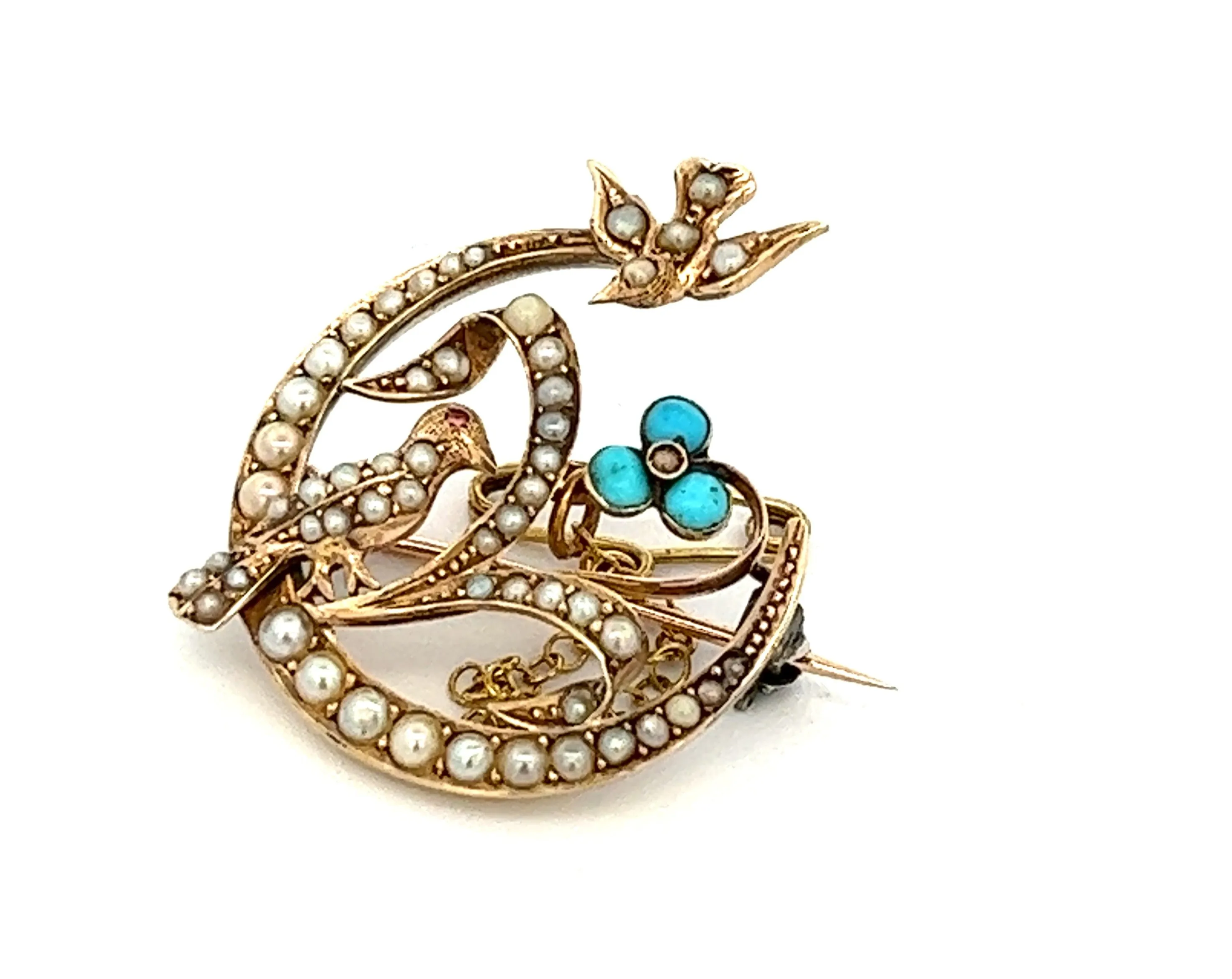 Vintage Turquoise & Seed Pearl 9ct Yellow Gold Bird & Flower Brooch