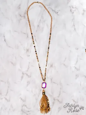 WATCH THE SUNSET WITH ME IRIDESCENT PENDANT WITH GOLD CHAIN TASSELS ON A MIXED CRYSTAL BEADED NECKLACE, BROWN