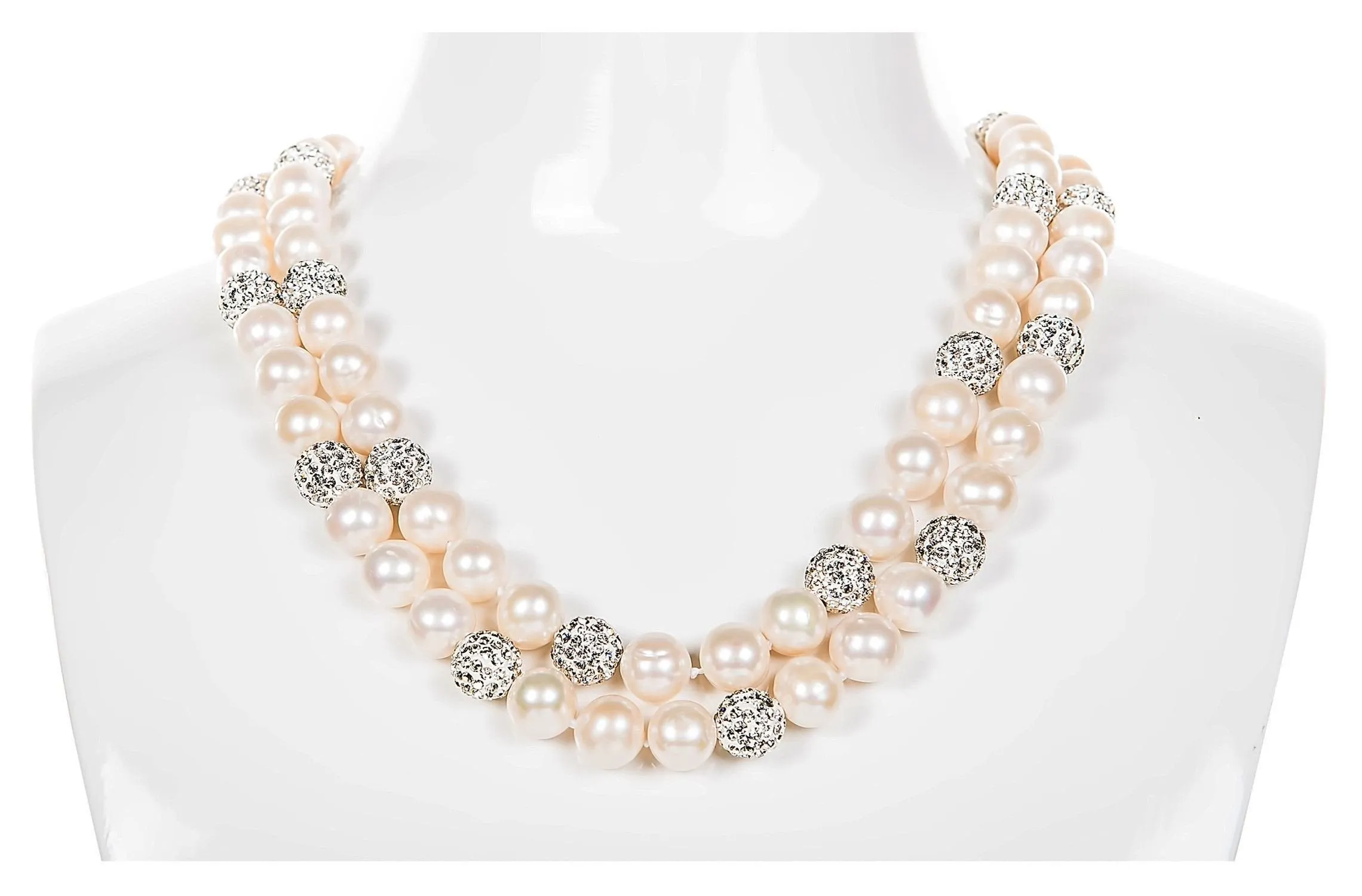 White Double Strand Layer Freshwater Round Pearl Necklace and Bracelet Set with Crystal Ball 10mm