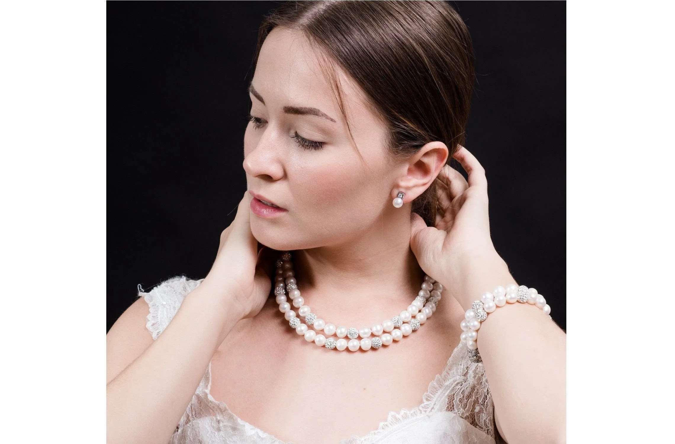 White Double Strand Layer Freshwater Round Pearl Necklace and Bracelet Set with Crystal Ball 10mm