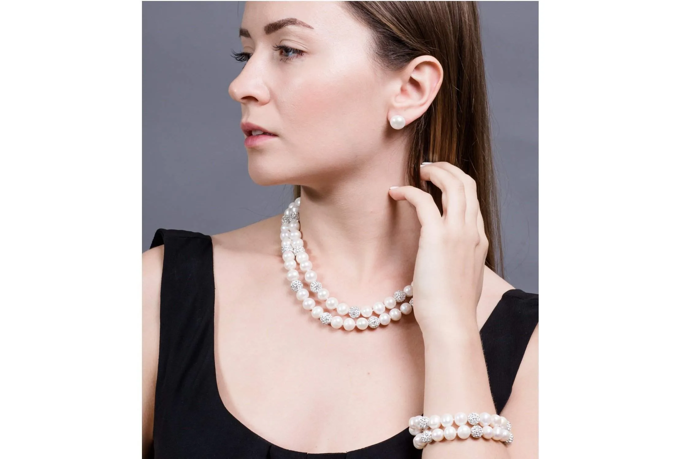 White Double Strand Layer Freshwater Round Pearl Necklace and Bracelet Set with Crystal Ball 10mm