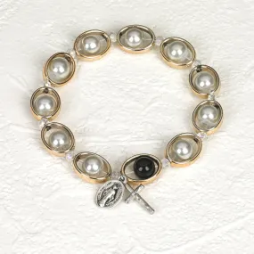 White Imitation Pearl and Gold Tone Oval Rosary Stretch Bracelet