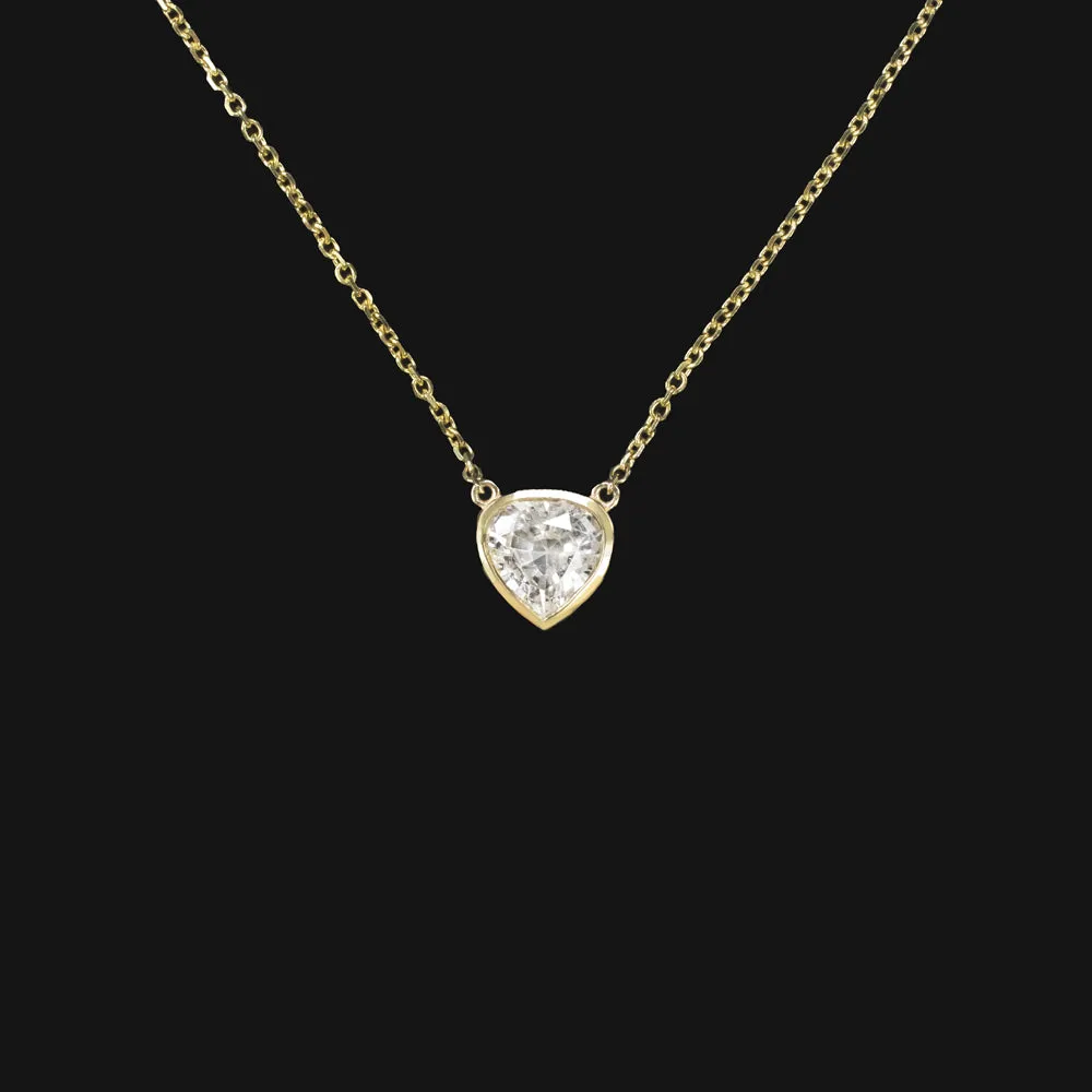 WHITE SAPPHIRE PENDANT NECKLACE PEAR SHAPE BEZEL 14k YELLOW GOLD NATURAL 1.36ct