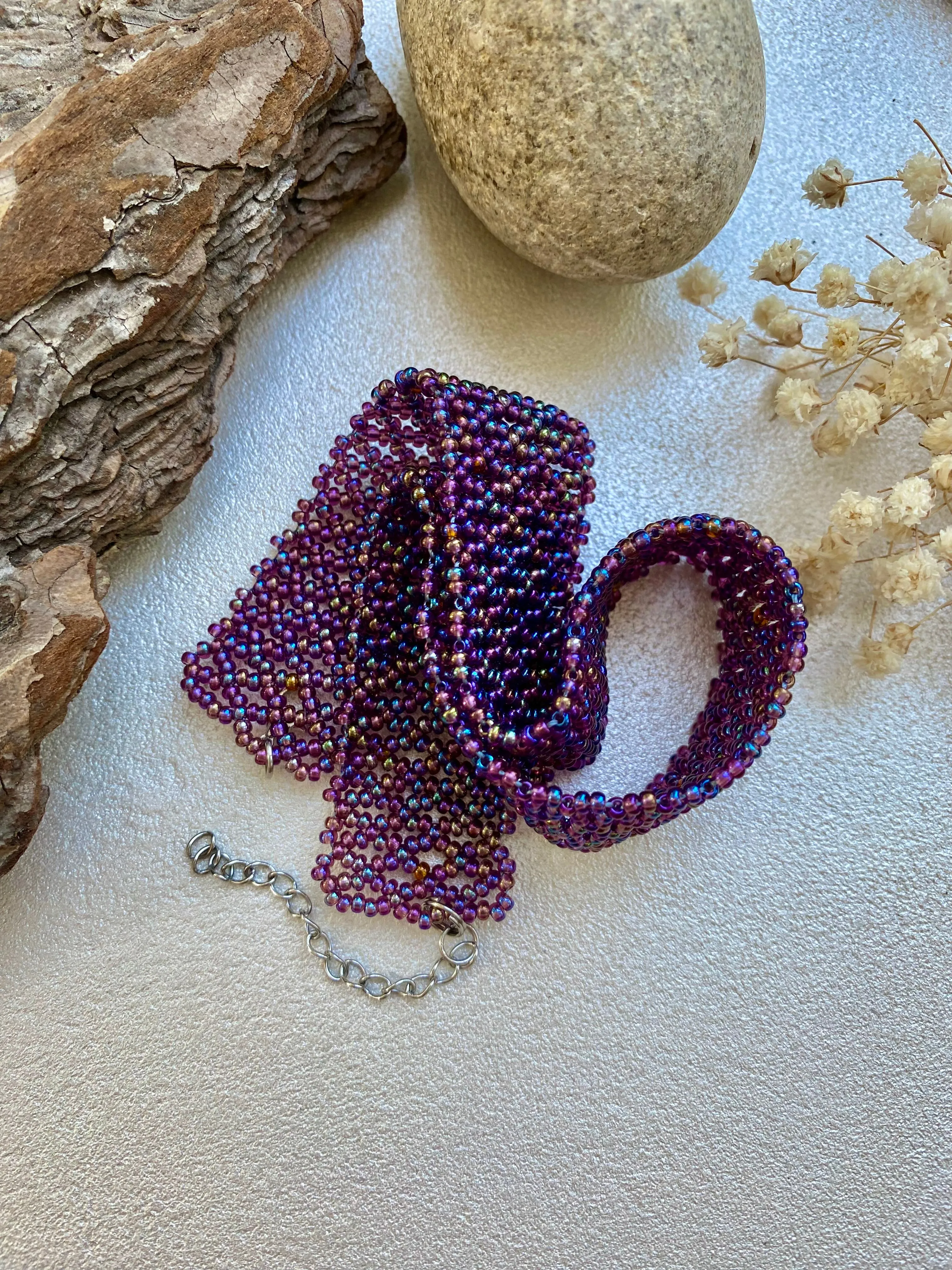 Wide Purple Seed Bead Choker Necklace, Thick Choker Collar, Bead Lace Choker, Unique Choker, Boho Hippie Choker, Sexy choker