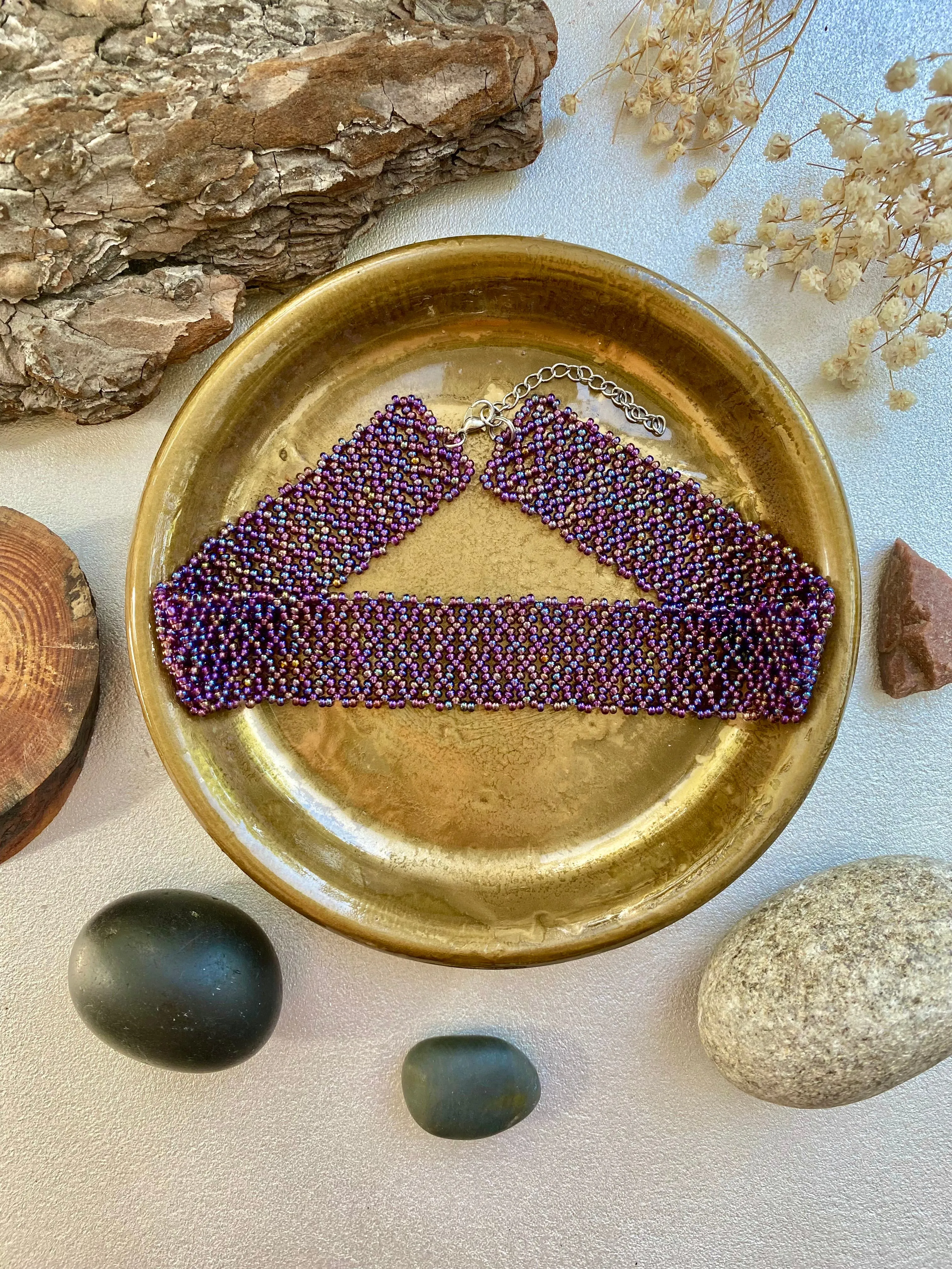 Wide Purple Seed Bead Choker Necklace, Thick Choker Collar, Bead Lace Choker, Unique Choker, Boho Hippie Choker, Sexy choker