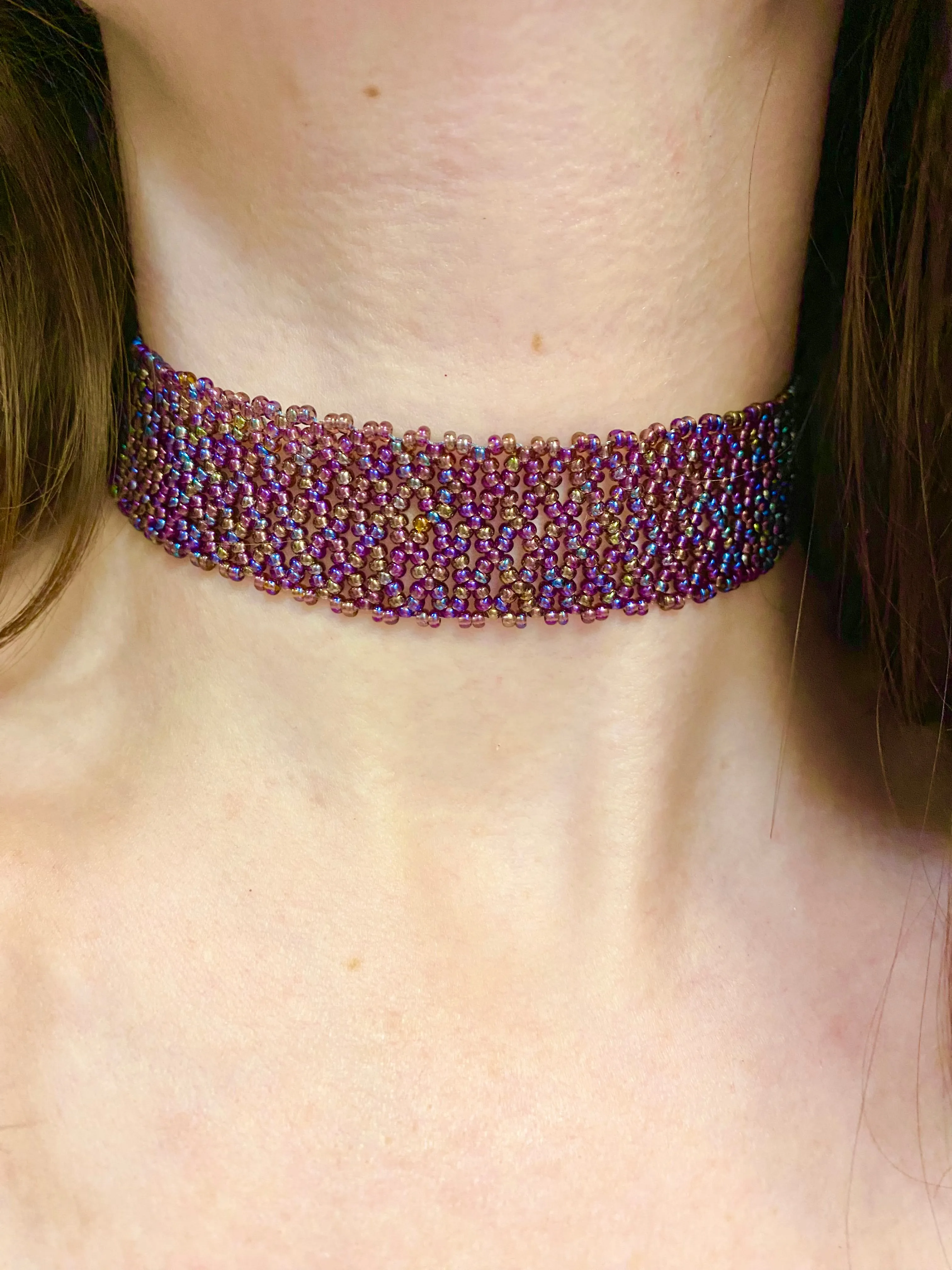 Wide Purple Seed Bead Choker Necklace, Thick Choker Collar, Bead Lace Choker, Unique Choker, Boho Hippie Choker, Sexy choker