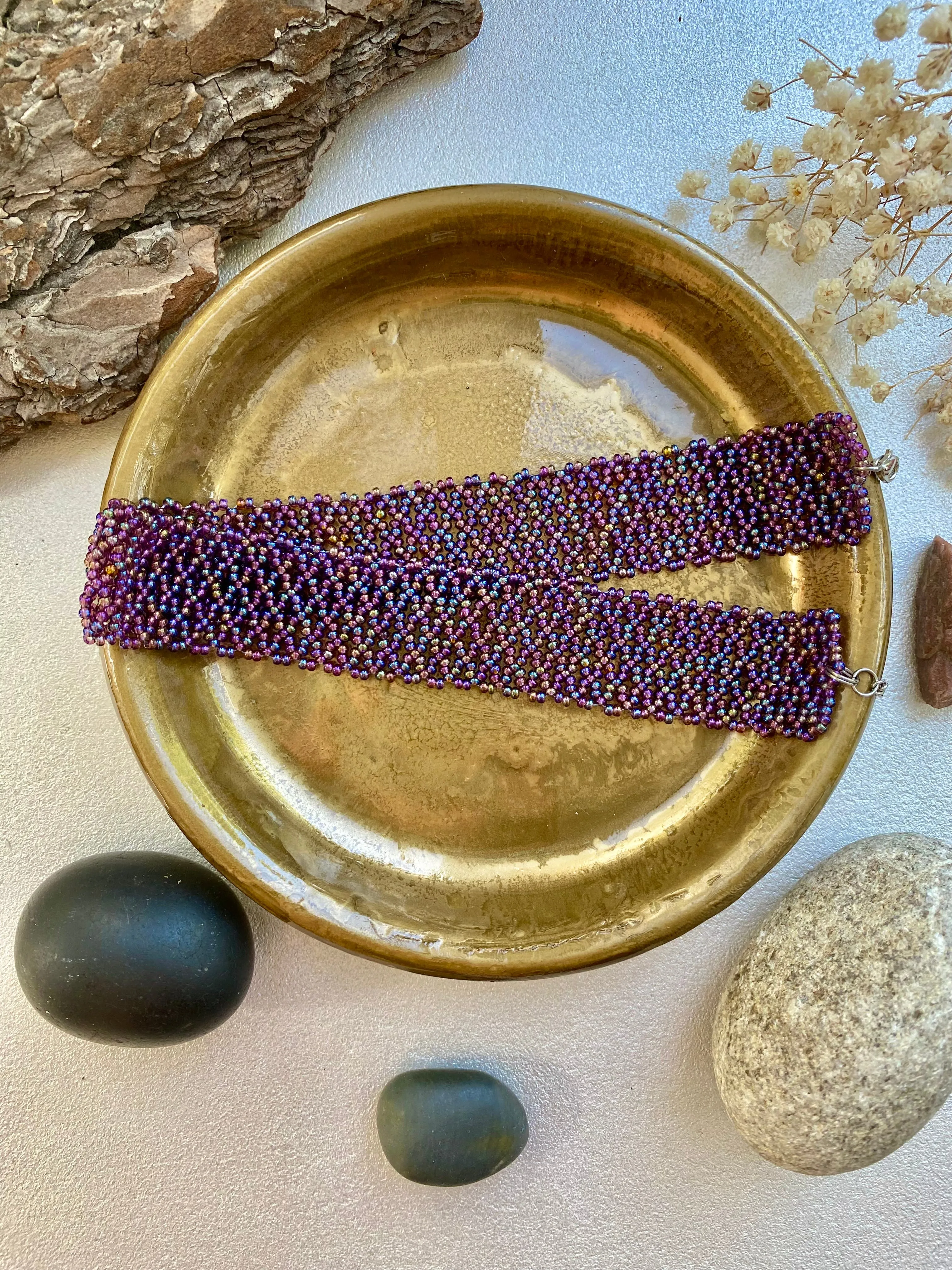 Wide Purple Seed Bead Choker Necklace, Thick Choker Collar, Bead Lace Choker, Unique Choker, Boho Hippie Choker, Sexy choker