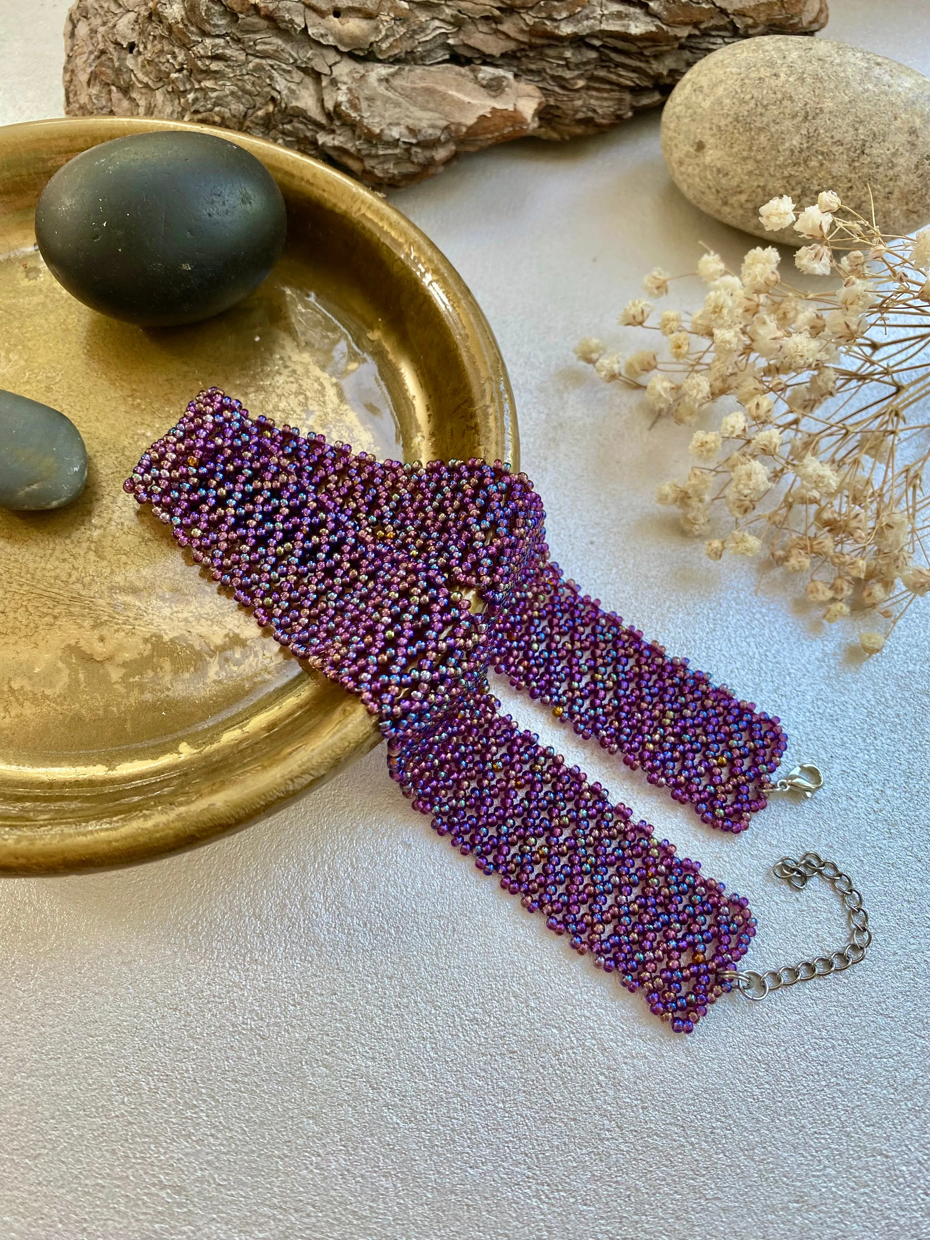 Wide Purple Seed Bead Choker Necklace, Thick Choker Collar, Bead Lace Choker, Unique Choker, Boho Hippie Choker, Sexy choker