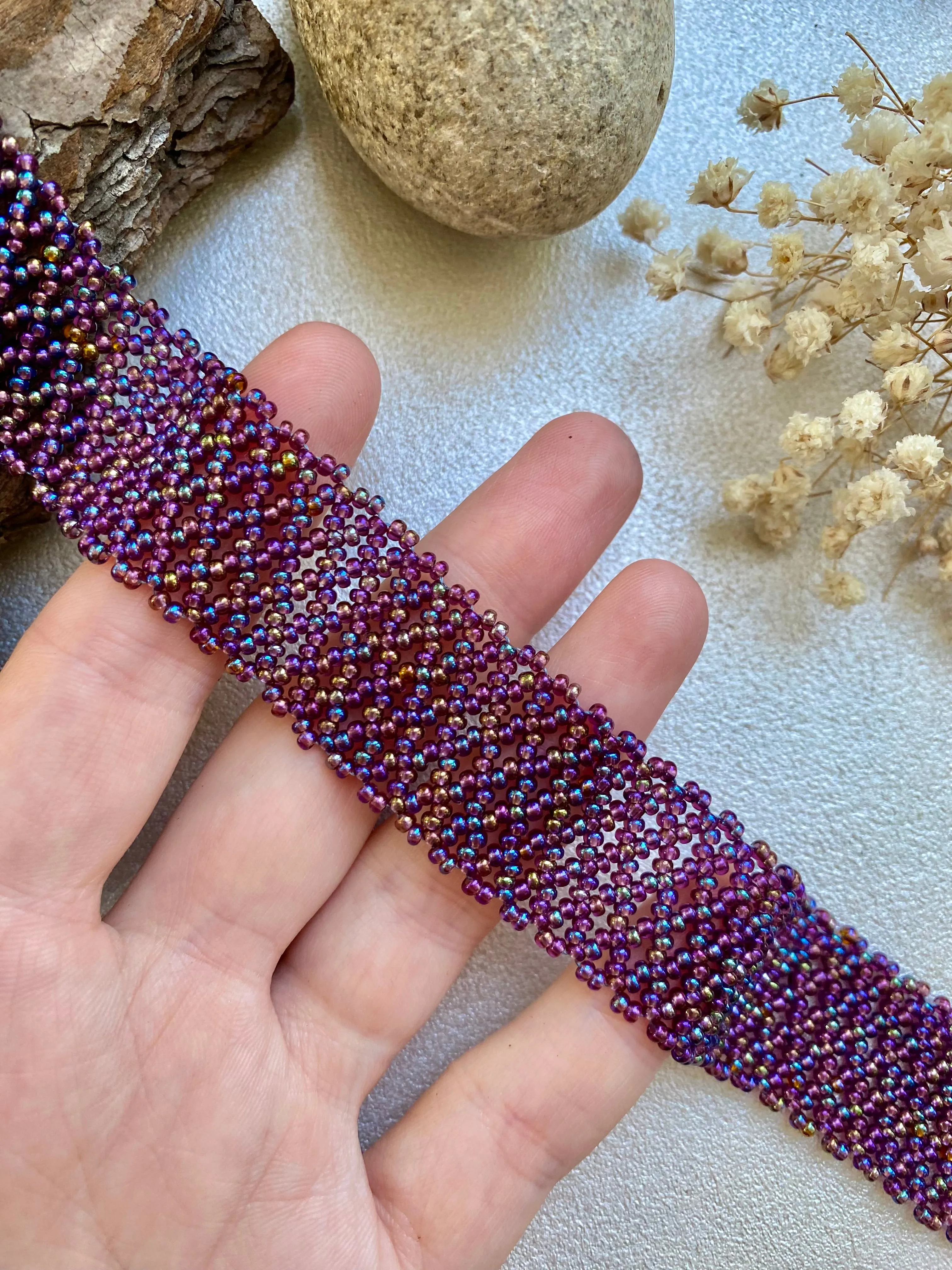 Wide Purple Seed Bead Choker Necklace, Thick Choker Collar, Bead Lace Choker, Unique Choker, Boho Hippie Choker, Sexy choker