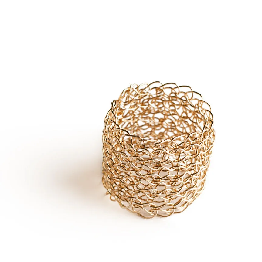 Wire crocheted band ring , yellow gold filled