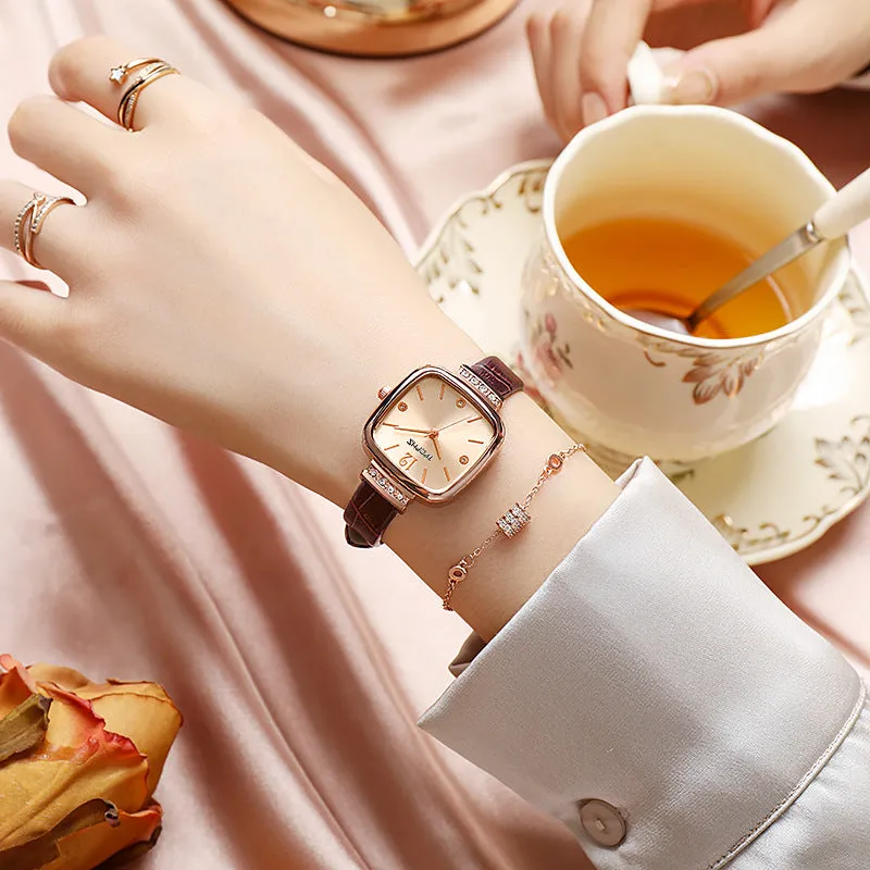 Women Square Rose Wrist Watch Leather Quartz Wristwatches Fashion Watch Clock