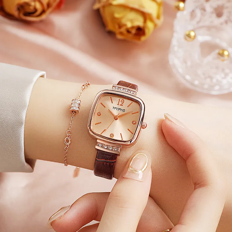 Women Square Rose Wrist Watch Leather Quartz Wristwatches Fashion Watch Clock