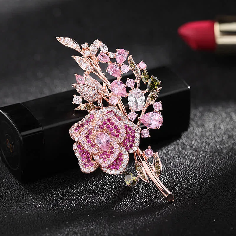 Women's Rose Flower Bouquet Zircon Brooch