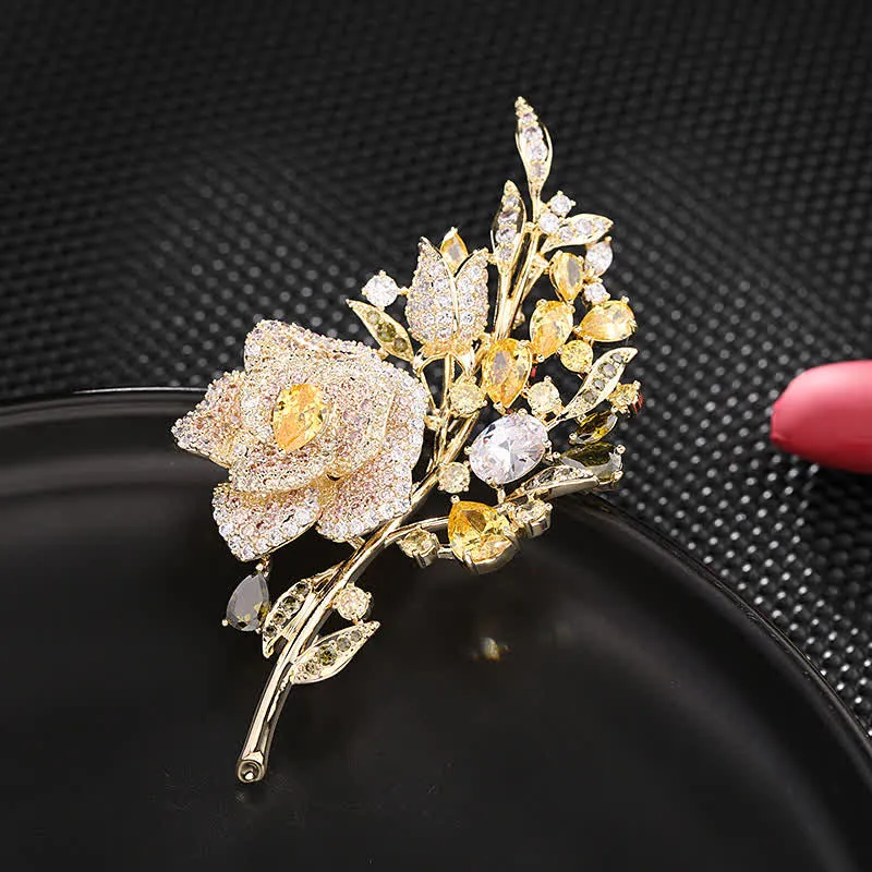 Women's Rose Flower Bouquet Zircon Brooch