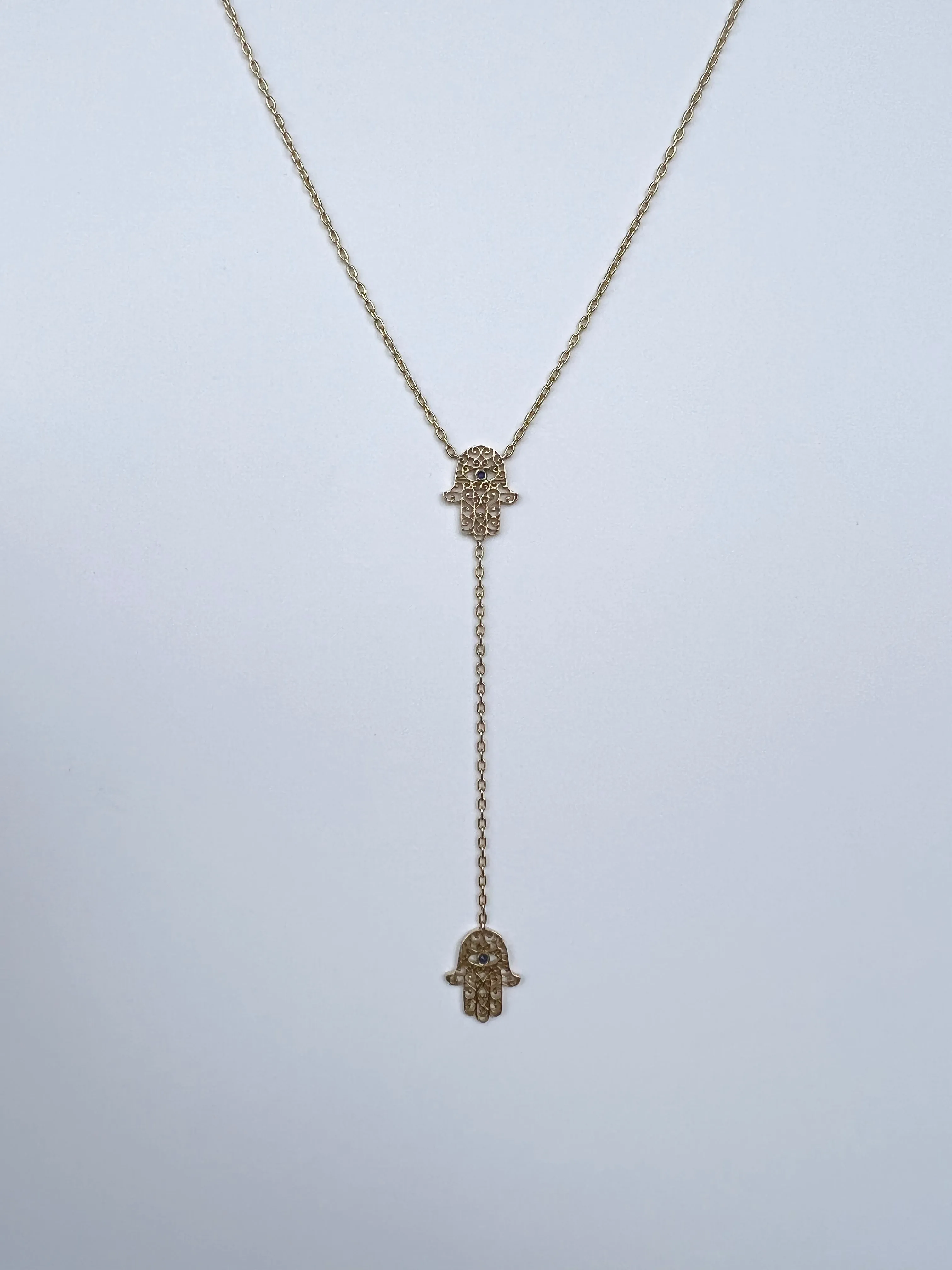 Yellow Gold Hamsa Lariat Necklace w/ Blue Sapphire