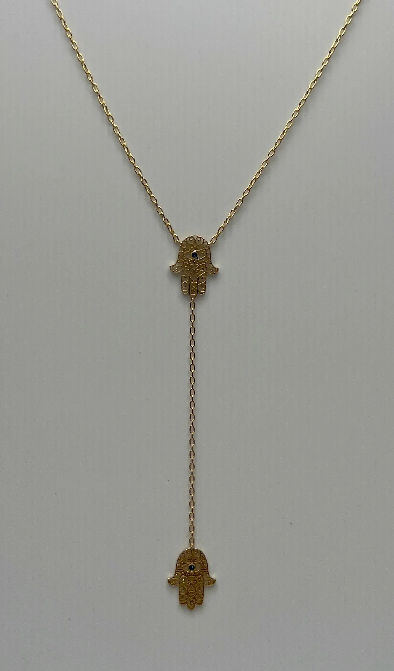 Yellow Gold Hamsa Lariat Necklace w/ Blue Sapphire